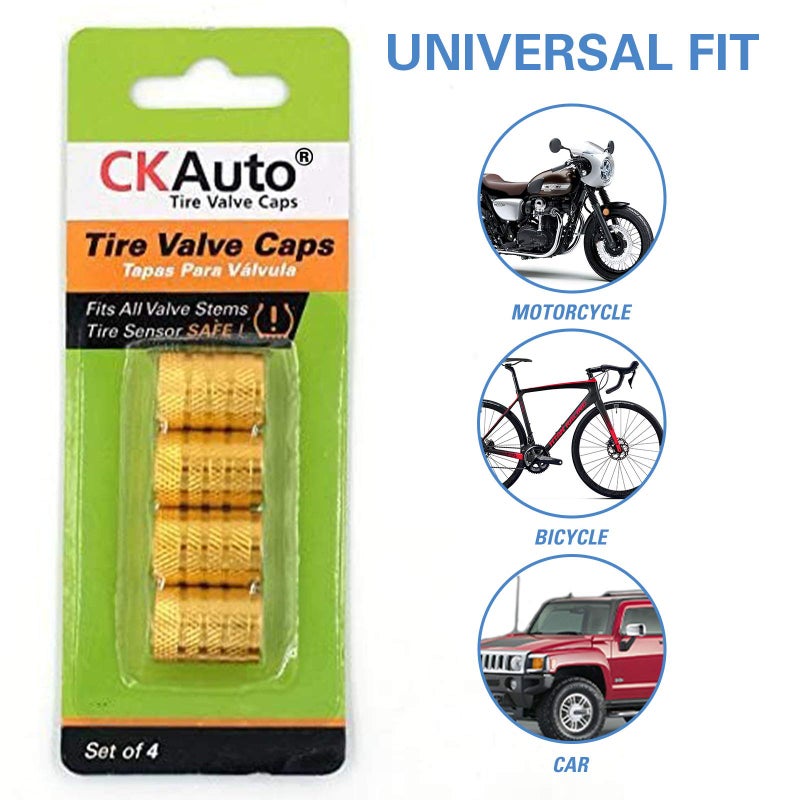 CKAuto أغطية صمامات الإطارات CKAuto، أصفر ذهبي، 4 قطع/عبوة، مجموعة أغطية صمامات إطارات من الألمنيوم المؤكسد، مقاومة للتآكل، أغطية صمامات عالمية للسيارات والشاحنات والدراجات النارية وسيارات الدفع الرباعي والدراجات - Image 5